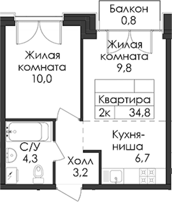 1-комнатная квартира 34.8 м², 6/9 эт., ЖК «Лермонтовский 54»
